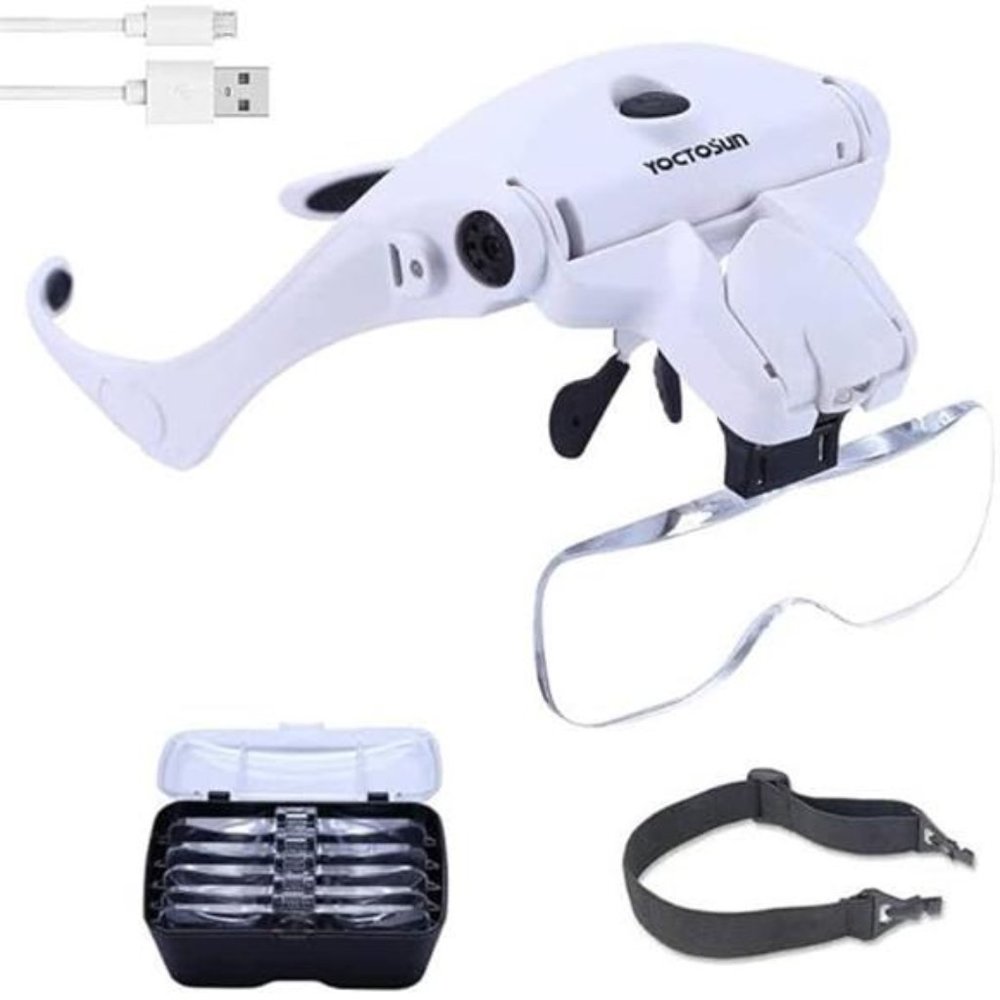 LED Head Magnifier,Rechargeable Hands Free Headband Magnifying Glasses with 2Led